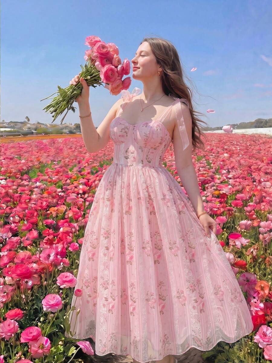 SHEIN MOD 大码女式夏季欧根纱印花粉色系带露肩中长连衣裙，派对连衣裙，优雅女式连衣裙，束身连衣裙，独特连衣裙，派对连衣裙，约会之夜连衣裙，女士正式连衣裙，情人节连衣裙，玫瑰连衣裙，粉色连衣裙，花园派对正式连衣裙，春假服装，夏季连衣裙，新娘送礼会连衣裙，粉色茶会连衣裙，浪漫田园风格，粉色生日连衣裙。
