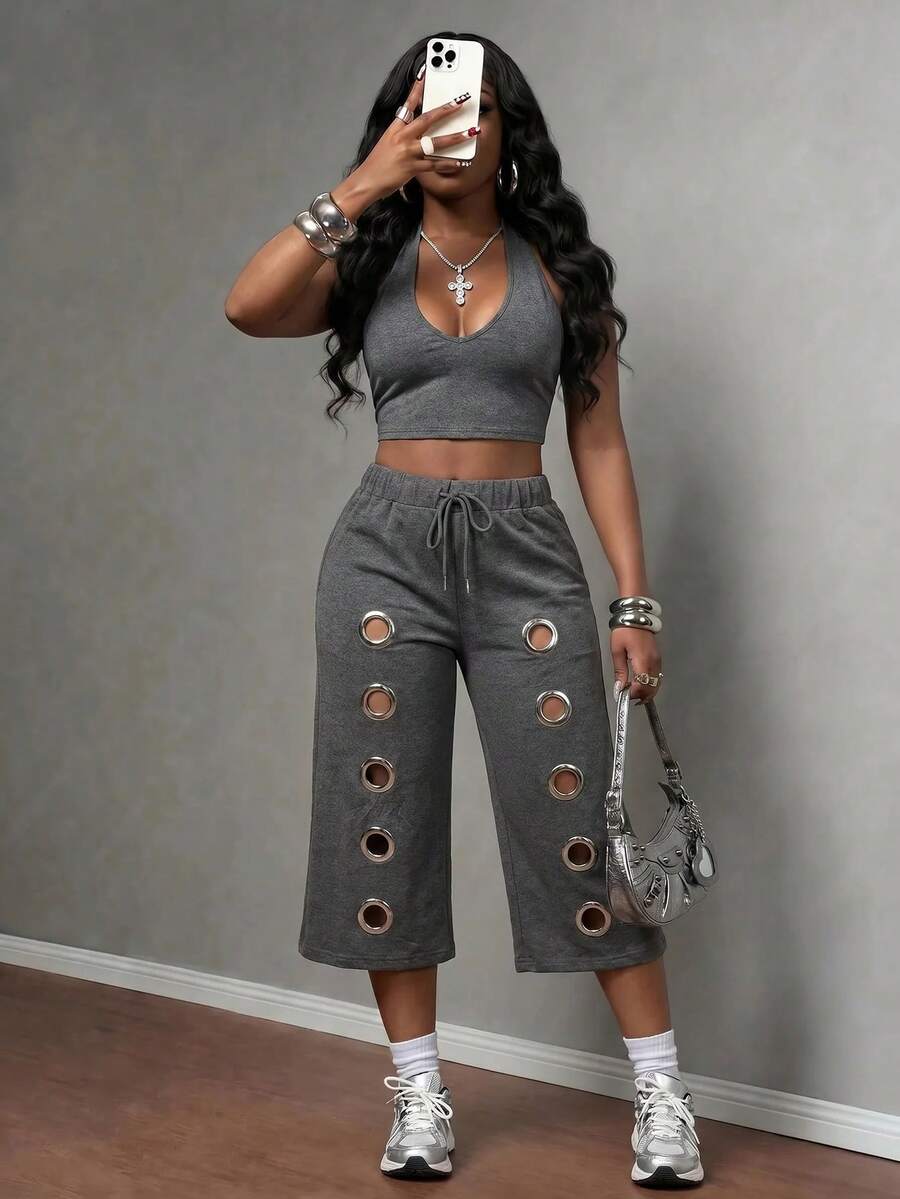 Slaydiva Women's Dark Gray Faux Snowflake 2-Piece Set, Deep V-Neck Backless Cropped Top With Hollow-Out Wide Leg Pants, Street Style Outfit-B