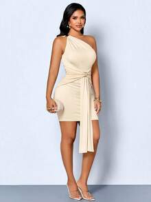SOLERSUN Women's Summer Casual Vacation Elegant One Shoulder Sleeveless Ruched Flowy Mini Dress Y2K Short Dress Suitable For Beach Night Out Cruise Peach - Apricot - View 7