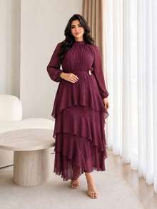 Solavon Plus Size Women's Elegant Dress With Stand Collar, Raglan Lantern Sleeves And Ruffle Hem Fall - Burgundy - View 5