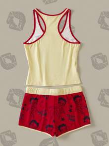 Betty Boop x SHEIN Women's Cartoon Print Tank Top & Shorts Pajama Set - Yellow - View 2
