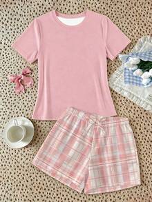 SHEIN 青少年女孩休閒寬鬆極簡風圓領短袖短褲居家服，適合春夏穿著 - 彩色 - 查看 4