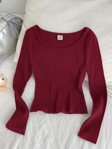Tween Girl Tween Girls T-Shirts Ribbed Crew Neck Elastic Slim Fit All-Match Versatile Simple Long Sleeve T-Shirt, Comfortable - Burgundy - View 2