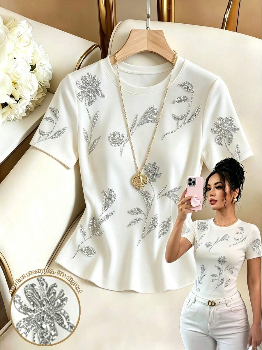 INAWLY 仿水鑽花卉圓領T恤,精緻仿水鑽花朵圓領上衣,光滑奢華銀色花卉圓領T恤 - 彩色 - 查看 1