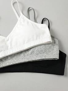 SHEIN 兒童青少年女孩極簡舒適純色V領加墊露背內衣3件組 - 灰色 - 查看 5