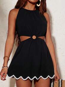 Travachic Women's Color Block Hollow Out Halter Neck Mini Dress, Fashionable For Dates,Dresses For Women Summer, Elegant Work Wear, Festival Outfits, Country - Black - View 1