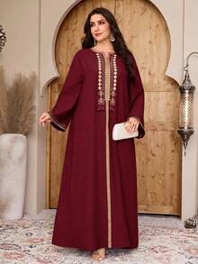 Al Najma 大尺碼女款時尚度假刺繡阿拉伯傳統長洋裝 - 酒紅色 - 查看 5