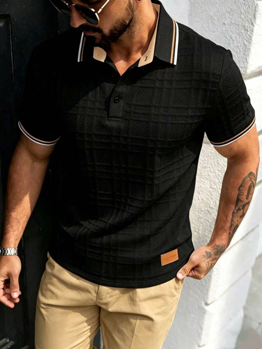 Manfinity Homme Men's Simple Print Short Sleeve Polo Shirt - Black - View 1