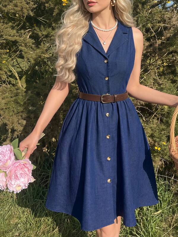 Vintamour Vintage Elegant Women's Dress With Pockets, Blazer Collar, Button Vest Skirt, Casual Commute, Vacation Holiday Short Dress Casual Back To School Dress