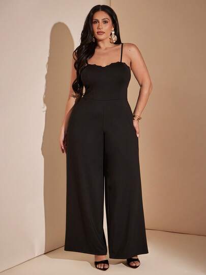 SHEIN BAE CURVE Große Größen Schwarzer Spitzen-Patchwork-Jumpsuit mit Cup