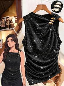 Cravure Top de tirantes elegante de talla grande, de punto con alta elasticidad, tela con lámina plateada, sin mangas, cuello asimétrico inclinado, diseño retorcido de un solo lado con hebilla decorativa metálica, cintura fruncida, bajo asimétrico, moda primavera-verano para citas, fiestas, reuniones, ir al trabajo y streetwear - Negro - Ver 3