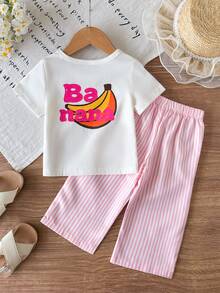 SHEIN Playful Pals 2件組女嬰夏季黑色短袖T恤刺繡裝飾條紋長褲套裝休閒度假風 - 粉色 - 查看 11