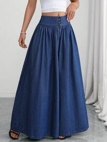 Elenzga Fall Casual Wide Leg Button Up Brown Denim Daily Wear Washed Comfortable Flattering Jeans For Women - Blue - View 4