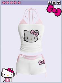HELLO KITTY AND FRIENDS | ROMWE Y2K 水鑽掛脖背心與低腰短褲 2 件套女裝 - 淺粉色 - 查看 1