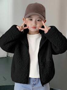 Cozy Pixies 女童泡泡抓絨加厚撞色連帽長袖開襟冬季外套 - 黑色 - 查看 4
