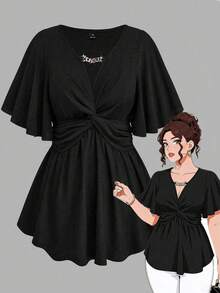 EMERY ROSE Plus Size Women's Spring/Summer Chain Trim Ruffle Knot Waist Knit Solid Color Elegant A-Line V-Neck T-Shirt Top - Black - View 1