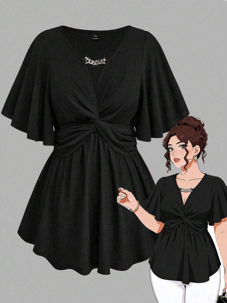 EMERY ROSE Plus Size Women's Spring/Summer Chain Trim Ruffle Knot Waist Knit Solid Color Elegant A-Line V-Neck T-Shirt Top - Black - View 1