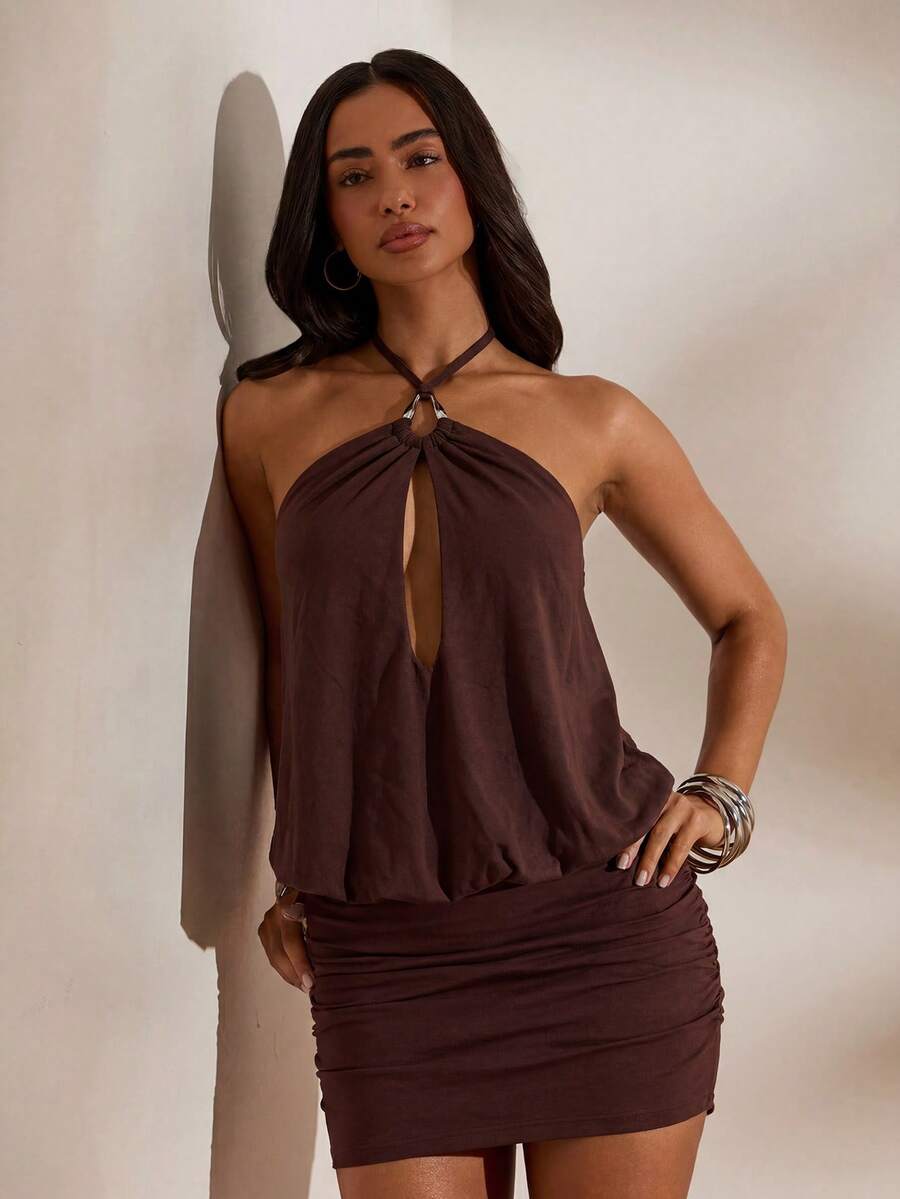 Opulessa Gaun Mini Rajut Warna Polos Model Halter Neck untuk Wanita, Warna Cokelat Tua, Kasual, Seksi, Cocok untuk Pergi ke Klub Malam. - Coklat - View 1