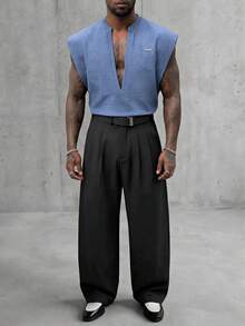 AXEPEAK Men's Metal Letter Patchwork Deep V-Neck Casual Tank Top - Blue - View 2
