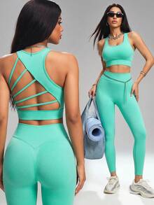 Innovista Seamless Workout Sets Sports High Support Quick Dry Daily Athleisure Yoga HIIT Training Office To Gym Tights Activewear Clothes Bra UV Protection Legging Pants Vintage Olive Green Fall Comfort Movement Functional Mesh Breathable Tummy Control Compression, Women Athletic Set Vintage Olive Green Utilitarian Chic - Mint Green - View 6