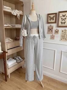 Comfortcana Plus-Size Off-White Casual Knit Sweatpants With Contrast Details And Drawstring – Back-To-School Season - Light Grey - View 4