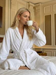 Bathrobe Soft Touch Contain Cotton Bathrobe For Women & Men - Made In Turkey, Lightweight, Absorbent, Comfortable Bath Robe - White - View 3