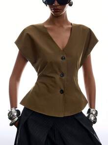 LYSMO Chemise de vacances polyvalente à simple boutonnage de couleur unie pour femmes - Tabac - Voir 7