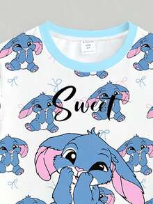 1套女童休閒時尚酷萌藍色兔子「Sweet」字母與蝴蝶結圖案設計T恤與藍色內搭褲2件套裝，時尚度假休閒套裝，春季至夏季 - 彩色 - 查看 8