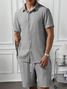 Manfinity CasualCool 男士條紋針織提花襯衫與短褲套裝，儀式穿著 - 灰色 - 查看 4