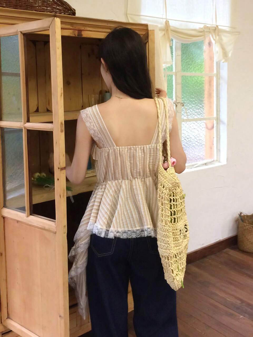 Women's Lace Patchwork Striped Ruffle Hem Elegant Tank Top Summer Cute Top