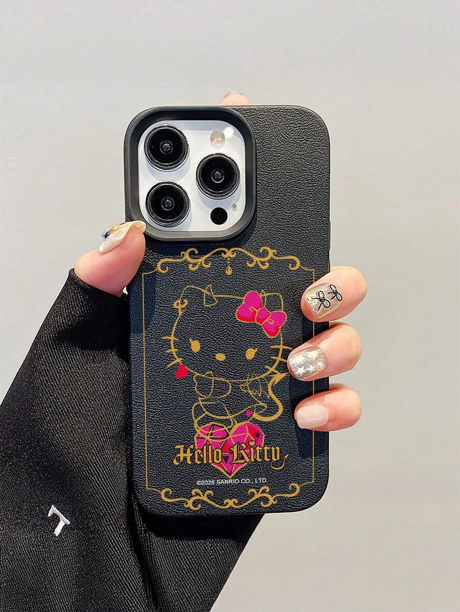 HELLO KITTY AND FRIENDS | SHEIN Hello Kitty 全角色與反派彩色貼紙拼貼印花皮革手機殼 防震防摔 全包覆保護殼 適用 iPhone 17 Pro Max 16 15 14 13 12 Pro Max Plus Y2K 復古美學 可愛甜美 Ins 風高顏值手機殼 - 彩色 - 查看 1