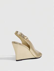 CUCCOO SZL 女款時尚優雅楔形粗跟高跟涼鞋，圓頭露趾後扣帶slingback，適合春夏秋季 - 淺金色 - 查看 3