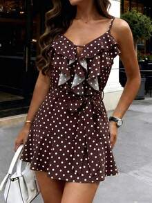 SHEIN PariChic Women's Vacation Style Ruffle V-Neck Cami Dress - Brown - View 3