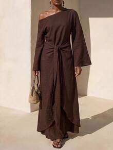 Zivah Women's Solid Color One Shoulder Waist Knot Casual Elegant Party Dinner Vacation Travel Long Dress Brown Autumn - Brown - View 11