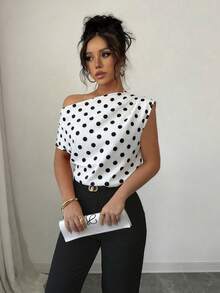 SHEIN Raffinéa Plus Size Women's Polka Dot Print Asymmetrical Shoulder Ruched Top - Black and White - View 5