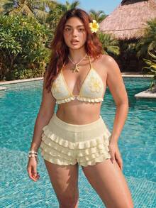 ROMWE Plus Size Spring Cute Floral Triangle Cup Swimsuit With Beach Vacation Knit Top And Mini Shorts Set - Yellow - View 10