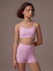 SHEIN 少女粉色三件套运动套装——背心、短裤和运动上衣组合，高弹亲肤面料，适合舞蹈训练、瑜伽练习和日常运动。 - 粉色 - 查看 5