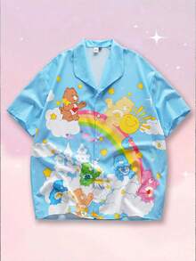 SHEIN X Care Bears 男士卡通印花纽扣前开襟休闲短袖衬衫 - 藍色 - 查看 1