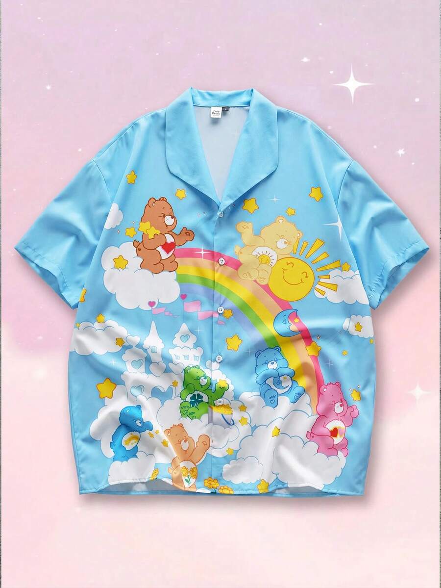 SHEIN X Care Bears 男士卡通印花纽扣前开襟休闲短袖衬衫 - 藍色 - 查看 1
