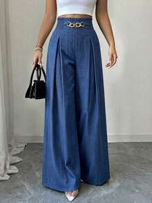Elenzga Spring/Autumn Metal Ring Wide Leg Pleated Waist Trousers - Blue - View 6