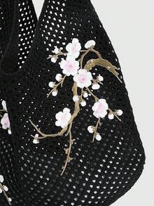 ROMWE Kawaii 1件時尚針織單肩包，黑色鏤空梅花刺繡單肩包，適合日常穿搭 - 黑粉色 - 查看 6