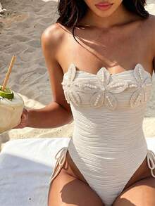 Bonvoyette Women's Summer New Solid Color Coffee Fabric Starfish Pearl Decor One-Piece Swimsuit, Suitable For Beach Vacation, Date Party, Slim Fit Sexy Swimsuit, Side Bow Tie Swimsuit, Strapless Bandeau One-Piece Swimsuit, 3D Floral Decoration - Beige - View 1