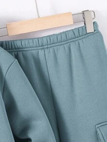 SHEIN 2件組/套 青少年男女款休閒學院風舒適時尚極簡百搭字母印花刷毛加厚連帽衛衣與長褲，適合開學第一天、校服 - 霧霾藍 - 查看 7