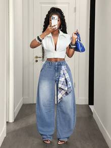 BamGleam Jean en denim bleu clair à carreaux colorés, jambes courbes, multi-poches, avec ceinture, style de rue extérieur pour vacances, printemps/été, pour femmes - Jean clair - Voir 7
