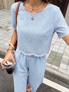 SHEIN Frenchy Women's Plaid Round Neck Short Sleeve Top And Long Pants Casual Cute Daily 2 Pieces Set Beach Blue Gingham Summer - Blue and White - View 4
