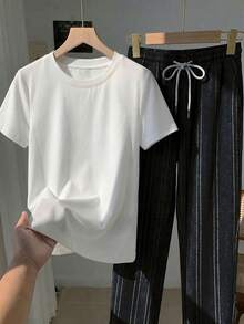 SHEIN Essnce 2pcs/Set Embroidered Round Neck Short Sleeve Top And Striped Print Pants, Casual - Multicolor - View 4