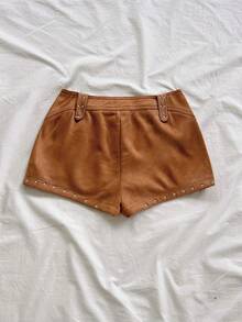Soleia 女款素色鉚釘裝飾時尚短褲 - 棕色 - 查看 2