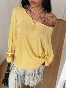 Coolane 女款夏季Y2K舒適不對稱領口露肩長袖黃色T恤 - 黃色 - 查看 5