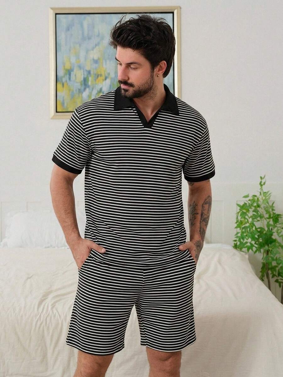 DAZY 男士夏季條紋V領短袖上衣與短褲家居服套裝 - 彩色 - 查看 1