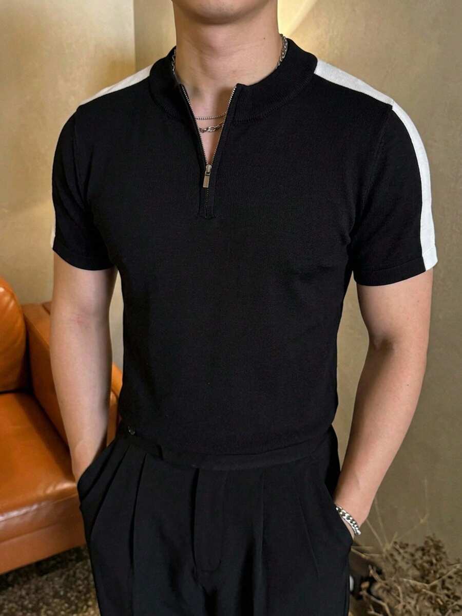 DAZY 男士圓領半鈕扣短袖對比色設計針織上衣 夏季 - 黑色 - 查看 1